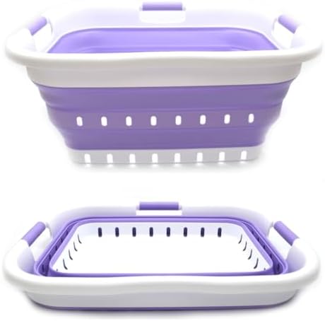 SAMMART 41L Collapsible 3 Handled Plastic Laundry Basket - Foldable Pop Up Storage Container/Organizer - Portable Basket - Space Saving Hamper/Basket (3 handled rectangular, White/Lt. Purple) - Image 3