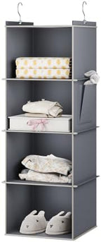 YOUDENOVA Hanging Closet Organizer and Storage for Clothes, 4-Shelf, Grey | Locker/RV/Camper Organizer, Side Pocket, Hanging Shelves for Small Closet, Dorm Room Essentials for Guys, Breathable Fabric by YOUDENOVA