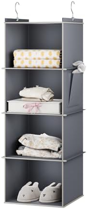 YOUDENOVA Hanging Closet Organizer and Storage for Clothes, 4-Shelf, Grey | Locker/RV/Camper Organizer, Side Pocket, Hanging Shelves for Small Closet, Dorm Room Essentials for Guys, Breathable Fabric by YOUDENOVA