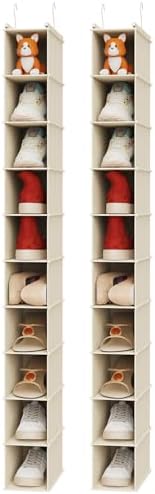 MAX Houser 2 Pack 10 Tier Slim Hanging Shoe Organizer Beige | Foldable Hanging Shoe Storage Shelf with 2 Metal Hooks, Space Saving Storage for Narrow Space by MAXHouser