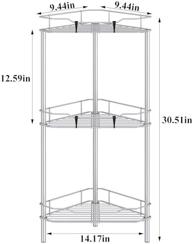HuggieGems Metal Floor Standing Corner Shower Caddy, Silver, 3 Tier - Image 7