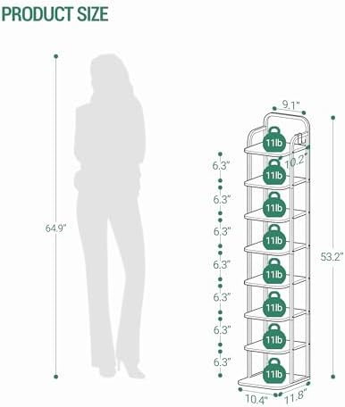Hzuaneri 8 Tiers Vertical Shoe Rack, Narrow Shoe Tower, Tall Shoes Shelf with 2 Hooks, Adjustable Shelves, Corner Shoes Shelves for Small Spaces, Entryway, Living Room, Greige SR04305B - Image 2