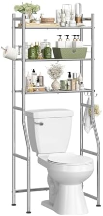 Simple Trending 3 Tier Over The Toilet Rack, Bathroom Shelves with 4 Hooks and Paper Holder, Bathroom Stand Organizer Space Saver, Chrome - Image 3