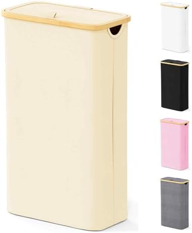 SpaceAid Slim Laundry Hamper with Lid, 65L Narrow Clothes Basket Bin with Bamboo Handles, Skinny Tall Collapsible Hamper for Bedroom, Bathroom, Dorm, Laundry Room - Beige by SpaceAid