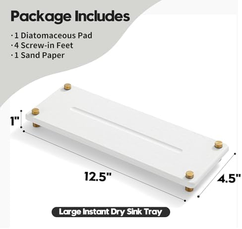 White Gold Dish Drying Rack Tray, Water Absorbing Stone Sink Caddy Kitchen Sink Organizer, Diatomite Bathroom Counter Faucet Mat Coaster, Soap Riser Dispenser Sponge Holder, White 12.5" x 4.5" - Image 6