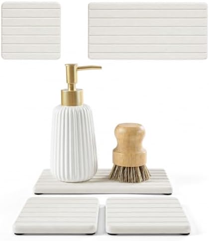 Diatomaceous Earth Sink Organizer Tray Set, 3-Pack Fast Drying Water Absorbing Stone Soap Holder Caddy for Kitchen & Bathroom Counter, Faucet Splash Guard, Beige (1pc of 8"x3.8" + 2pcs of 3.8"x3.8") by Homdiva