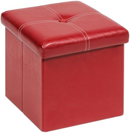 B FSOBEIIALEO Storage Ottoman Cube, 11.8" Faux Leather Footrest Chest, Red by BFSOBEIIALEO