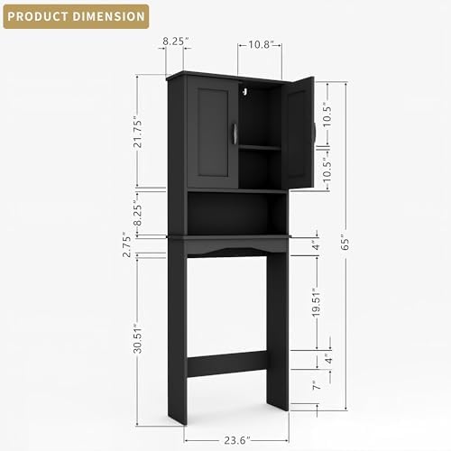 ROOMTEC Over The Toilet Storage Cabinet with Adjustable Shelf and Double Doors, Freestanding Bathroom Cabinet Organizer with Open Shelf, Home Space-Saving Toilet Rack for Restroom, Laundry, Black - Image 2