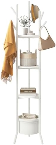YMYNY Coat Rack, Freestanding Coat Stand with Storage Shelves, Hall Trees with 3 Wooden Shelves and 1 Fabric Basket, Metal Clothes Stand for Hats Bags Hallway Bedroom White UHGR005W by High-qualityhomefurnishing