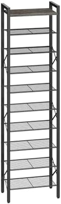 YATINEY 10-Tier Narrow Shoe Rack, Tall Shoe Rack for 10-20 Pairs, Slim Shoe Storage Organizer with Wooden Top, Space Saving, Metal Frame, for Entryway, Charcoal and Black SS68BC by Yatiney