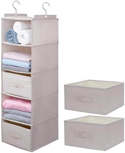 Large Hanging Sweater Organizer for Closet,Collapsible 6-Shelf Hanging Closet Shelves with Drawers, Washable (Beige -5 Shelf-2 d) by Unknown