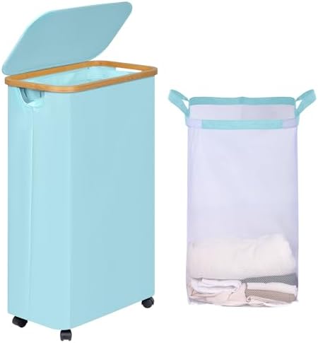 efluky Slim Laundry Hamper with Wheels, Narrow Laundry Basket with Lid and Removable Bag, Aesthetic Dirty Clothes Hamper on Wheels for Laundry Room, Bedroom, Dorm and Bathroom, 75L Beige by efluky