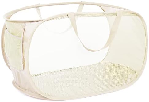Durable Collapsible Laundry Baskets, Mesh Pop Up Laundry Hamper with Side Pocket, Foldable Clothes Storage Hamper with Reinforced Carry Handles for Laundry, Bathroom, Kids Room, Dorm or Travel Beige by Bemkoo