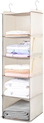 BOOMIBOO Hanging Closet Organize and Shelves,5-Hanging Shelf （2 Pack,Beige） | with 2 Side Pockets，Storage Foldable - Image 3