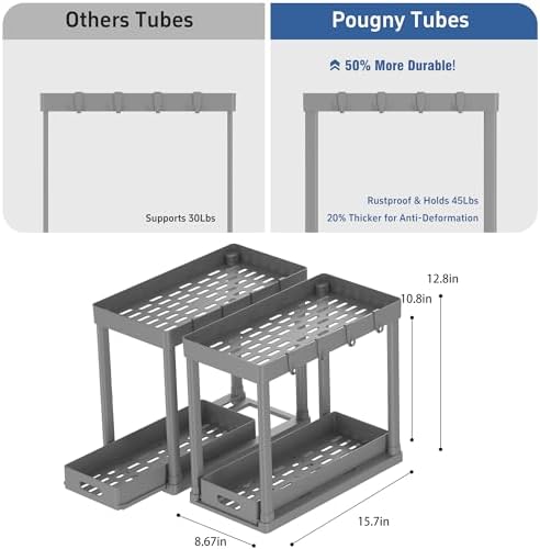 2PC Under Sink Organizer Rack 2 Tier Under Sliding Cabinet Basket Organizer Drawer with 4 Hooks, Multi-purpose Under Sink Storage for Bathroom Kitchen Desktop（Grey） - Image 2