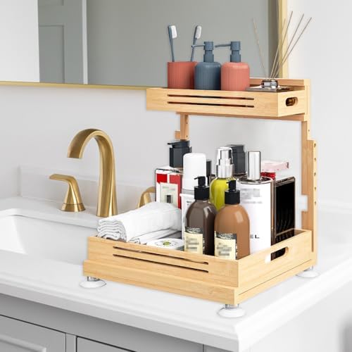 Banlilu Under Sink Organizer, Pull Out Cabinet Organizer, 2 Tier Slide Out Sink Shelf Cabinet Storage Shelves, Storage for Kitchen Bathroom, Natural Premium Bamboo Wood - Image 7