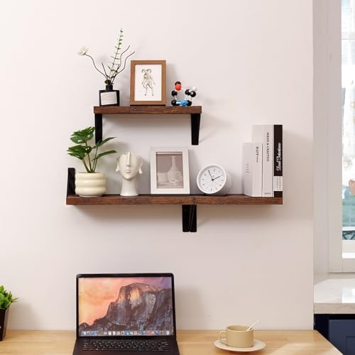 BAYKA Wall Shelves for Bedroom Decor, Wood, Rustic Brown, Set of 3, 16in - Image 5