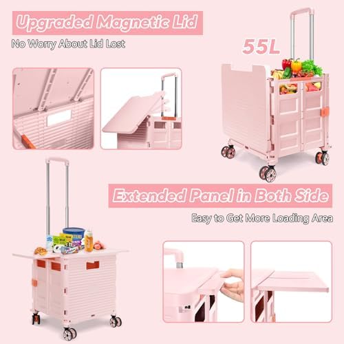 FELICON SELORSS Folding Utility Cart Portable Rolling Crate Handcart-Pink - Image 3