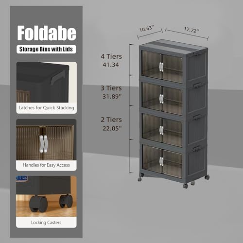 Collapsible Storage Bins with Lids and Front Doors, Heavy-Duty Stackable Plastic Organizers, Folding Utility Storage Boxes for Garage, Office, Pantry and Home (4, Dark Grey, 9 Gal/Rack) - Image 2