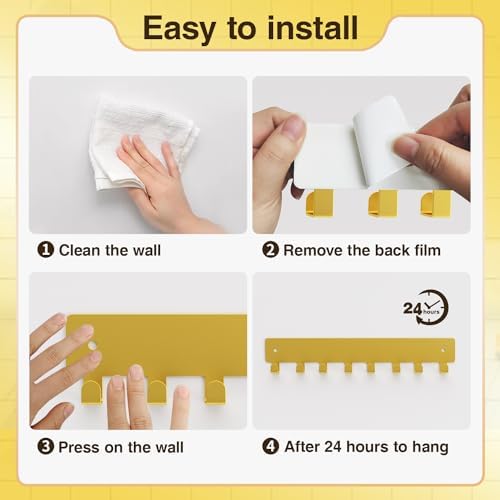pickpiff Key Holder Wall Mount, Adhesive Key Rack with 8 Hooks Hanger for Car Key Ring, Metal Key Chain Organizer, Gold 1 Pack - Image 4