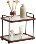 2-Tier Bathroom Counter Organizer with Transparent Stripe Acrylic Shelves, Brown Wood Frame and Black Metal Support, Rustproof Vanity Storage Rack for Skincare Cosmetics and Toiletries by Leijosya