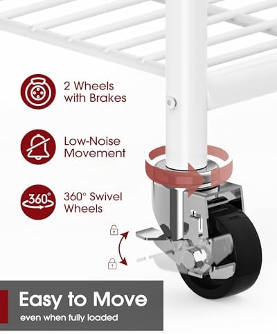 Sakugi Clothes Rack - 33.0" x 12.2" x 79.5" Clothing Rack with Shelves & Wheels, Multi-Functional Wardrobe Closet with Hooks, Sturdy Metal Garment Rack for Bedroom, Laundry, Balcony (White) - Image 6