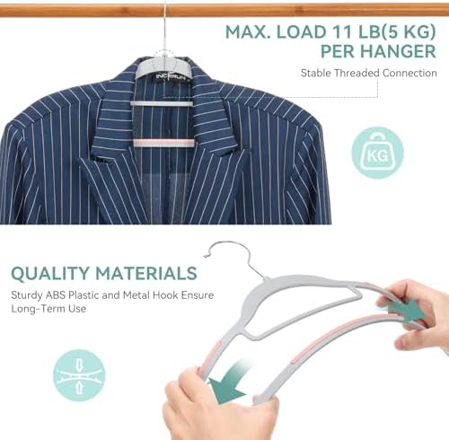 Tonswachic Pack of 50 Coat Hangers, Space-Saving Plastic Clothes Hangers, Non-Slip, 0.2 Inches Slim, 360° Swivel Silver Hook for Shirts, Pants, Suit & Wet/Dry Garments, Pink and Dark Gray - Image 4