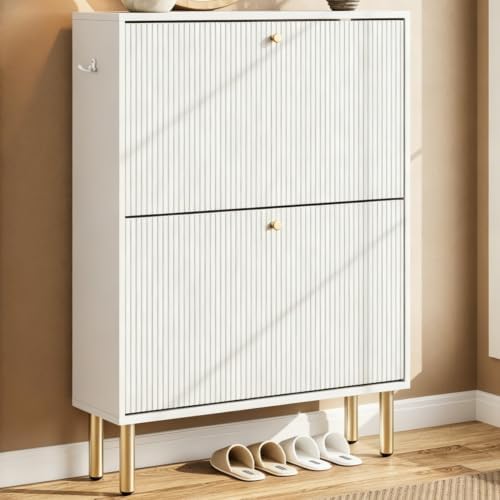 Nicetree Shoe Storage Cabinet for Entryway - 2 Flip Drawers Shoe Cabinet with Tiered Fluted Design - Slim Shoe Storage Rack with Gold Legs - Narrow Shoe Cabinet Hidden Shoe Organizer for Small Spaces by Nicetree