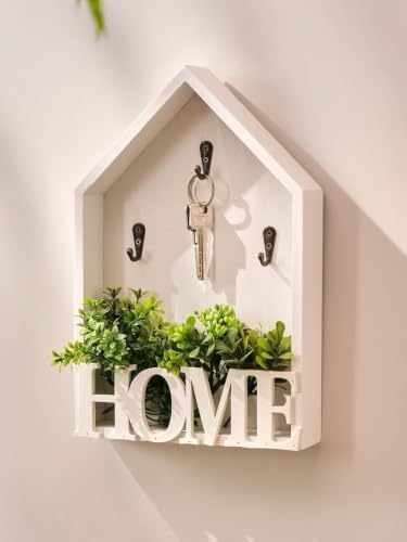 Key Holder Wall Mount, Pine Wood Key Hanger & Mail and Key Organizer for Wall, Decor Plate Hangers for Wall, Multifunctional Home Decor Entryway Key Holder with Shelf for Key & Plant Storage (White) - Image 3