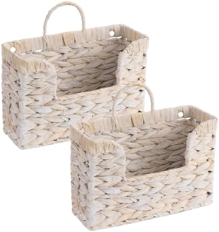 Set of 2 Magazine Holder Wall Basket Water Hyacinth Woven Mail Organizer, Wicker Wall Hanging Baskets for Magazines, Letters & Storage Decorative Mail Holder, Magazine Rack, Hanging Basket, Whitewash by PINXIURY