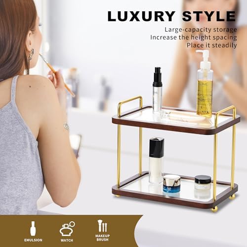 2-Tier Bathroom Counter Organizer with Transparent Stripe Acrylic Shelves, Brown Wood Frame and Black Metal Support, Rustproof Vanity Storage Rack for Skincare Cosmetics and Toiletries - Image 6