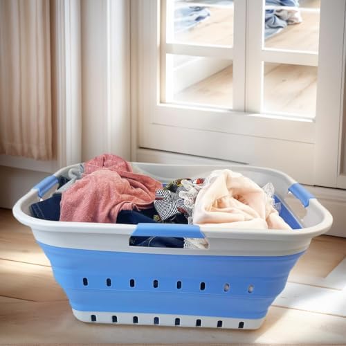 SAMMART 42L (11 gallon) Collapsible Plastic Laundry Basket - Foldable Pop Up Storage Container/Organizer - Space Saving Hamper/Basket (1, Grey/Little Boy Blue) - Image 2