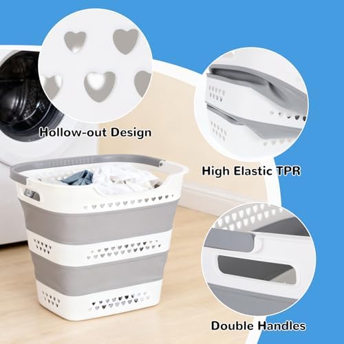 2 Pcs Collapsible Laundry Baskets for Clothes, 43L Plastic Laundry Hamper for Dorm Bedroom, Space Saving Pop-Up Laundry Hamper Container, Durable Foldable Laundry Basket with Handles (Grey-White) - Image 3