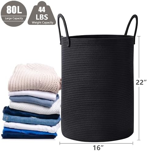 80L Large Black Laundry Basket Tall Woven Hamper for Clothes - Image 3
