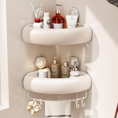 CICUFY Shower Caddy Suction Cup, 2 Pack No Drilling Corner Shower Shelves, Rust Proof Bathroom Storage Organizer, Shower Corner Caddy with Removable Hooks and Towel Bar, Triangle, Cream by CICUFYOfficial