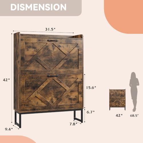Nicetree Shoe Storage Cabinet with 2 Flip Drawers, Freestanding Wood Shoe Organizer with Metal Legs, Farmhouse Slim Shoe Rack for Entryway, Foyer, Hallway, Rustic Brown - Image 2