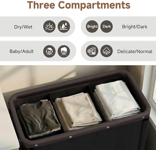 StorageWorks 3 Section Laundry Hamper, 120L Black Sorter Cart with Wheels - Image 3