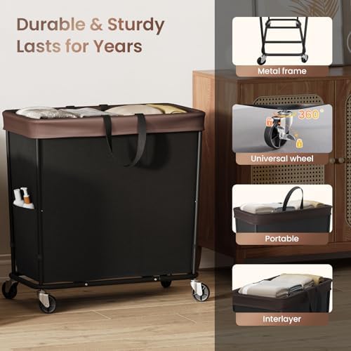 320L Laundry Basket with Wheels, 3-Section Rolling Hamper for Laundry, Extra Large Laundry Hamper with Wheels, Clothes Hamper Rolling Laundry Basket for Home, Bathrooms and Dorm(Black) - Image 6