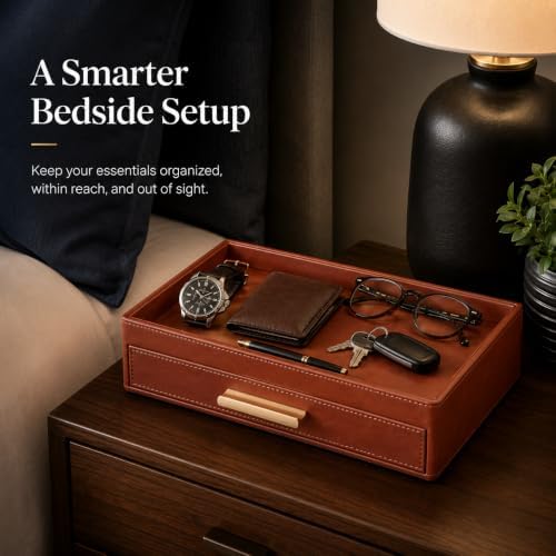 GORESE Leather Valet Tray with Drawer for Men, Nightstand Organizer, Brown - Image 6