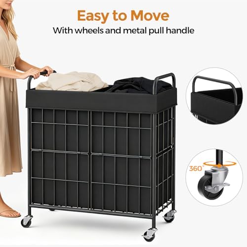 100L 2-Section Laundry Hamper with Wheels, Laundry Basket with Liner Bag - Image 6