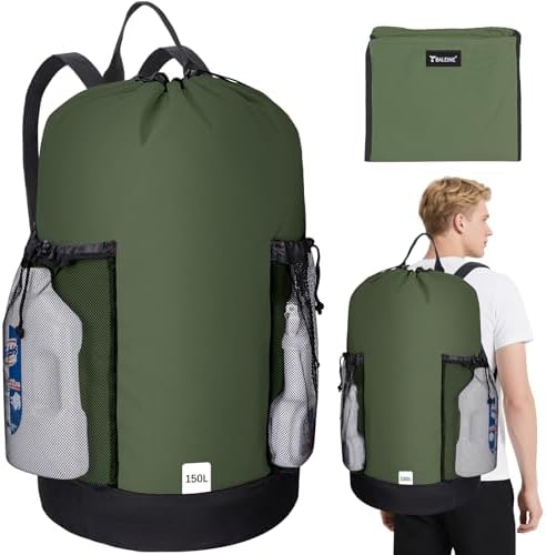 BALEINE 150L Laundry Bag Backpack, 900D Oxford Fabric Large Travel Laundry Bags with Shoulder Straps and 2 Mesh Pockets for College Dorm, Apartment, Laundromat (Green, 150L) by BALEINE