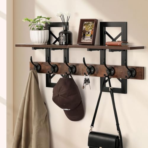 33.86" Wall Mounted Coat Rack with Shelf, Heavy Duty Entryway Wall Organizer with 6 Dual Hooks and Key Holder, Rustic Wood Coat Hanger for Coats, Bags, Hats, Hallway, Mudroom, Bathroom (Rustic Brown) by VOMICEAK