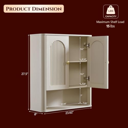 Bathroom Fluted Arched Wall Cabinet, 23.6''W Wood Medicine Cabinet, Cream - Image 2