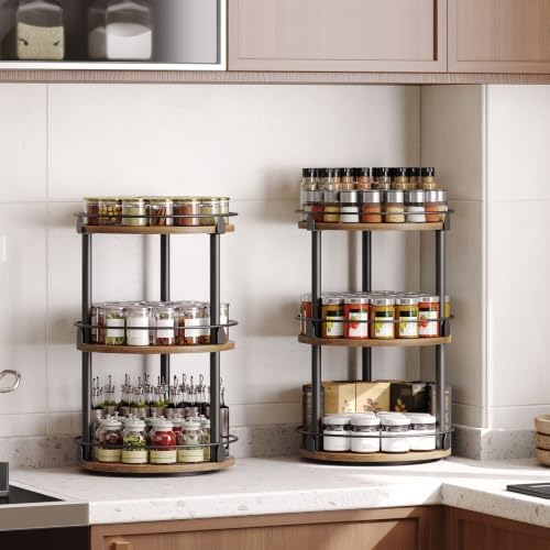 YATINEY Spice Rack, Set of 2 Lazy Susan Organizer, 3-Tier Turntable Organizer For Cabinet, Compact and Versatile, for Kitchen Countertop, Rustic Brown SR23L2BR - Image 3