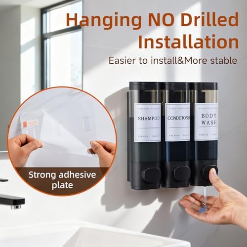 Shampoo and Conditioner Dispenser,Shower Soap Dispenser 3 Chamber No Drill Wall-Mounted Shampoo Dispenser for Shower Wall Mounted Shower Dispenser for Bathroom Hotel Large Capacity,Black - Image 5