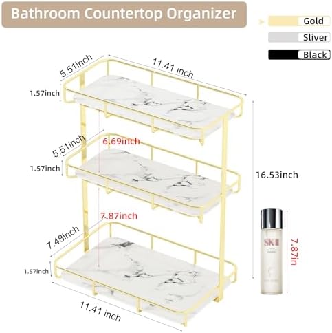 Bathroom Organizer Countertop Perfume Organizer Makeup Organizer Cosmetics Storage Display Rack Vanity Tray Dresser Stainless Steel Gold Shelf White Marble Ceramic Tray - Image 4