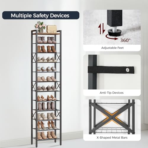 YATINEY 12-Tier Narrow Shoe Rack, Tall Shoe Rack for 12-24 Pairs, Slim Shoe Storage Organizer with Wooden Top, Space Saving, Metal Frame, for Entryway, Rustic Brown and Black SS61BR - Image 6