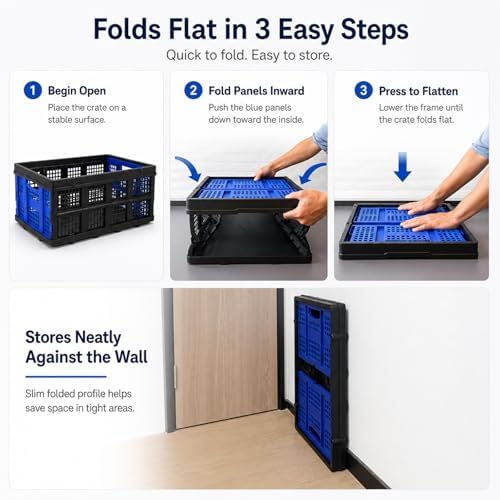 Collapsible Storage Crates 3 Pack, Stackable Foldable Storage Bins for Garage, Car Trunk, Warehouse & Home Organization, Heavy Duty Plastic Utility Crates, 49L, Blue - Image 6