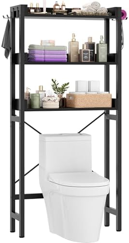 Besiost Over The Toilet Storage Rack - 3 Tier Bathroom Organizer with Shelves, Freestanding Space Saver Storage Rack Above Toilet Stand with 4 Hooks for Restroom, Laundry, Black by Besiost