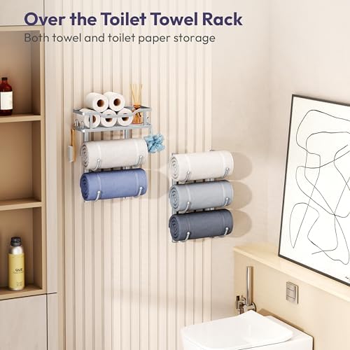 SWTYMIKI Over the Door Towel Rack - 6 Tier Towel Racks for Bathroom Wall Mounted, Towel Holder with Shelf, Hanging Rolled Towel Storage Organizer for Small Bathroom, Camper, RV, Sliver - Image 4